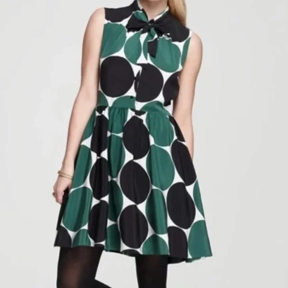 Kate Spade Willa Silk Sleeveless Tie Neck Dot A-Line Dress Green Black, size 0